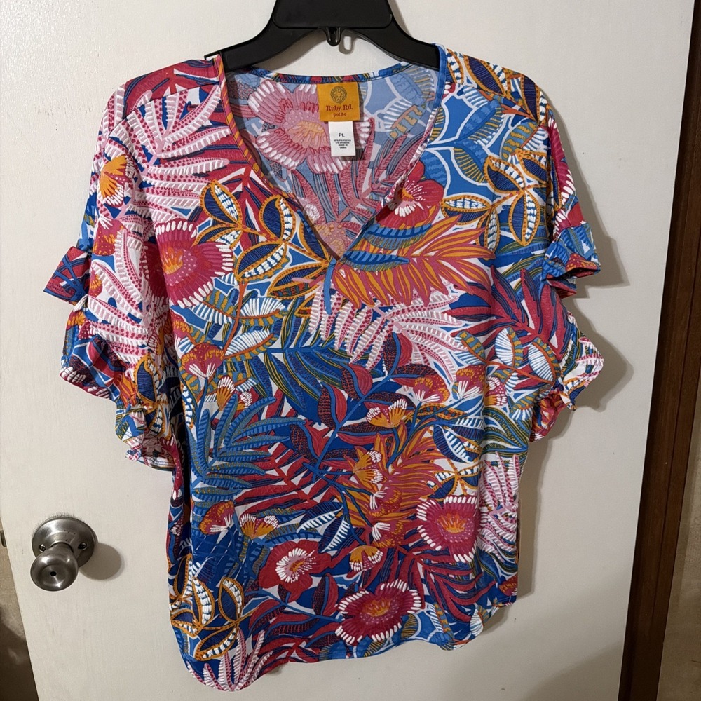 Ruby Rd. Women's Top, Shirt,  Flutter Sleeve Size PL Bright Blooms Puff Print